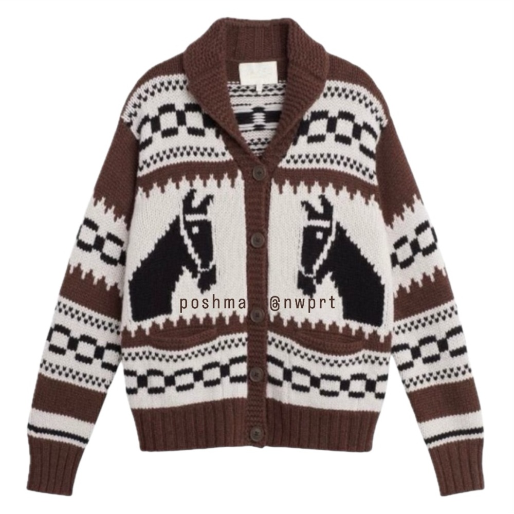 Naked Cashmere 🐴 Ryder Cardigan Intarsia Knit Sweater Horse Pony Brown Black XS - Picture 4 of 13